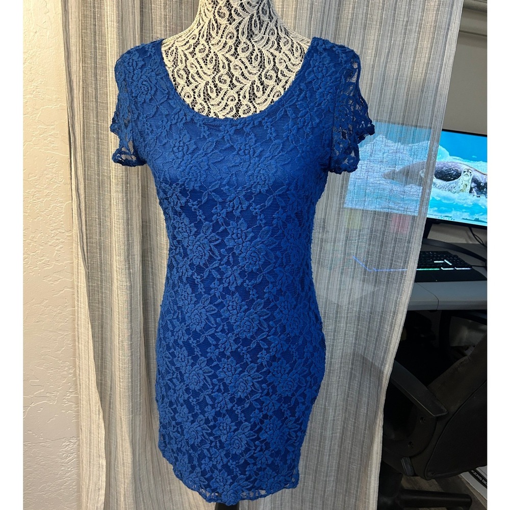 TMG New York Bodycon Mini Dress Womens Large Royal Blue Lace Crisscross Back
